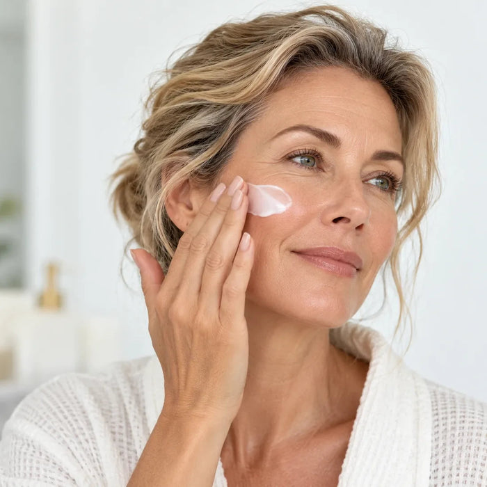 Woman gently applying face cream to her cheek